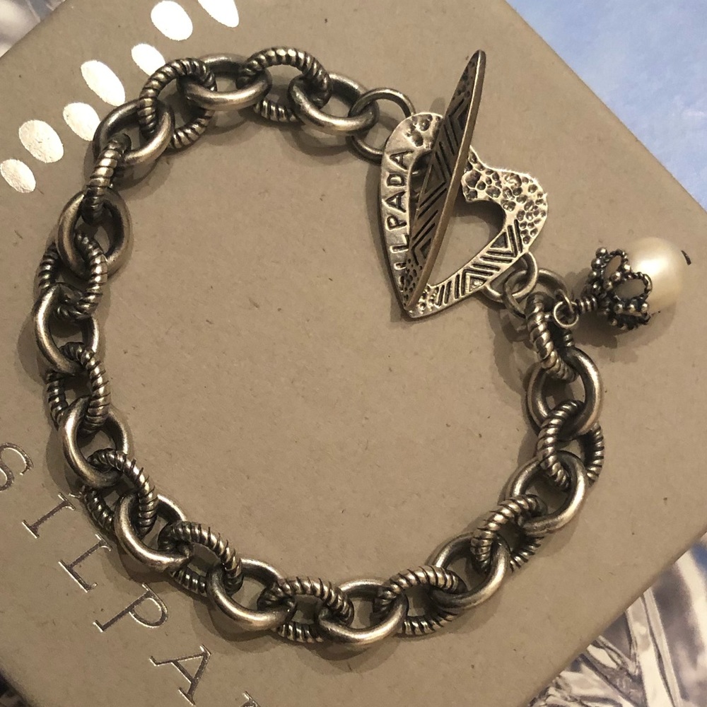 Rare Vintage Silpada Sterling Silver Pearl Heart Charm Bracelet B1241